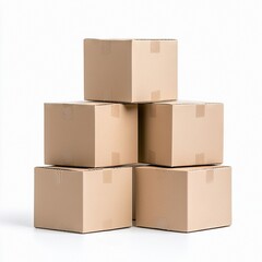 Obraz premium A stack of six cardboard boxes arranged in a pyramid shape against a clean white background, showcasing a concept of storage or delivery.