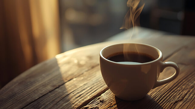 A steaming cup of dark coffee sits on a rustic wooden table in soft morning light creating a cozy scene - Powered by Adobe