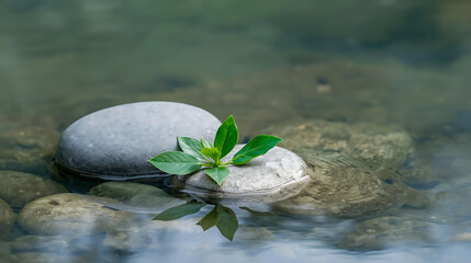 A small green plant growing on a smooth gray rock in shallow water with more rocks visible beneath