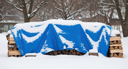 Firewood covered with blue tarp under snow in winter landscape. Covered firewood pile insulated from winter elements in snowy environment, protecting logs from moisture and cold.