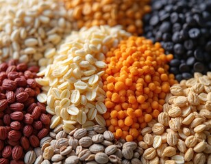 Assortment of various cereals grains seeds groats in piles. Closeup view shows dry raw organic food ingredients for breakfast. Variety of healthy nourishment options.