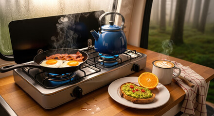Camping breakfast with sizzling bacon and eggs on stovetop, accompanied by avocado toast and fresh orange, creating perfect morning atmosphere outdoors.
