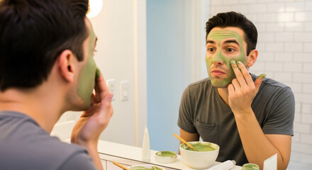 Man applying clay mask in mirror with green facial treatment while looking at reflection. Clay mask routine includes refreshing skin care regimen and self-care moment in bathroom setting.