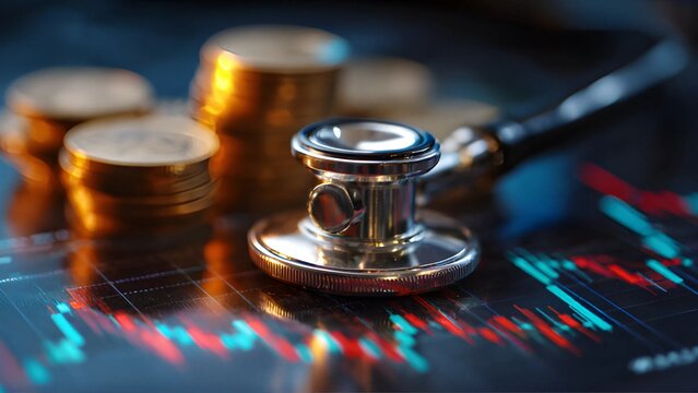 Intersection of healthcare economics, combining a medical stethoscope with financial elements like coins and data charts to symbolize costs.