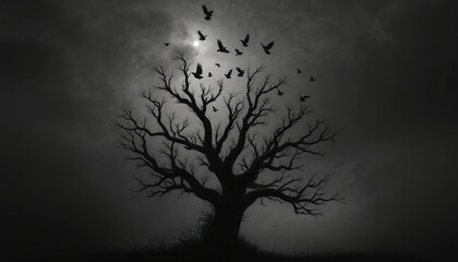Big flock of crows fly away from dead tree top at night. Birds take flight in dark sky with full moon. Bare branches silhouetted against grey clouds. Scary atmosphere with flying animals in