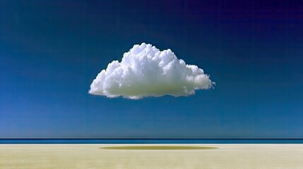 A large, fluffy cloud floats above a beach and ocean under a clear blue sky. The scene is bathed in bright sunlight, creating a sense of peace and serenity.