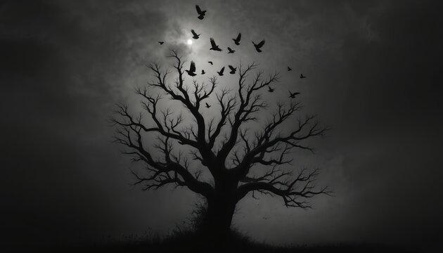 Big flock of crows fly away from dead tree top at night. Birds take flight in dark sky with full moon. Bare branches silhouetted against grey clouds. Scary atmosphere with flying animals in - Powered by Adobe