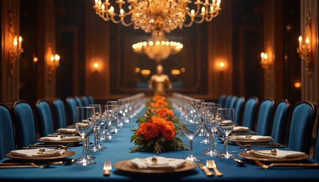 Luxurious banquet hall set with long table, blue velvet chairs, crystal glasses, golden cutlery, and orange floral centerpieces under grand chandeliers. Elegant formal dining interior.