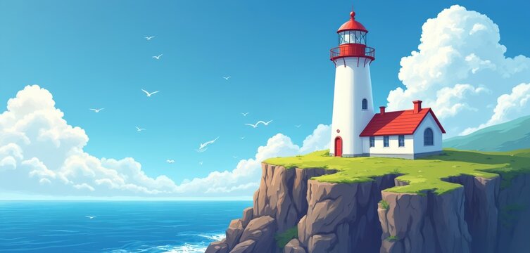 Cartoon lighthouse stands on rocky cliff overlooking blue ocean waves under a clear sky with white clouds and flying birds. A small house with red roof sits beside tower.