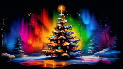 brightly lit christmas tree with colorful ornaments against a vibrant aurora borealis background, festive holiday xmas scene - Powered by Adobe