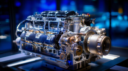 Fototapeta premium Overhead engine perspective, complex metallic assembly, blue backdrop contrast, internal combustion detail, mechanical component arrangement, automotive engineering showcase, indus