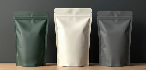 Three blank stand up pouches in green white and grey sit on wooden table. This flexible packaging has zip lock for sealing food or goods. Ready for branding.