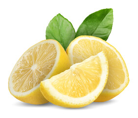 Fresh lemons and green leaves isolated on white