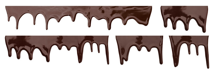 Melted chocolate dripping on white background, set