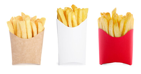 Tasty French fries in paper takeout containers isolated on white, set