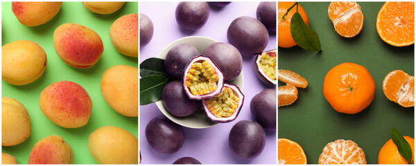 Different fresh fruits on colorful backgrounds, collage. Top view