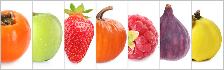 Collage with different fresh fruits and berries on white background