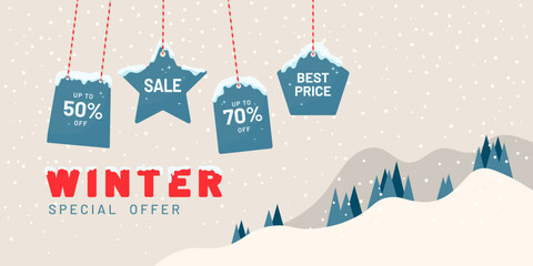 Winter sale background with hanging discount tags, snowy landscape and promotional messages. Ideal for holiday marketing, retail advertising, special offers, seasonal banners and shopping promotions.