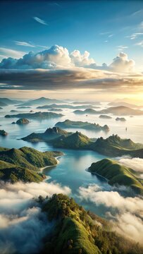 Serene Gulf Islands rise majestically from rolling hills under a vast expanse of soft, white clouds