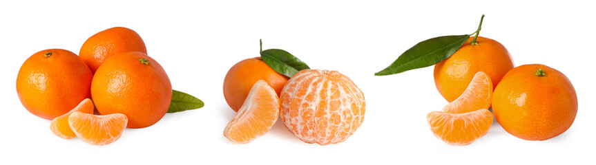 Fresh tangerines isolated on white, set. Citrus fruit