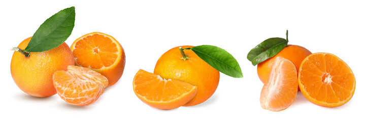 Fresh tangerines isolated on white, set. Citrus fruit