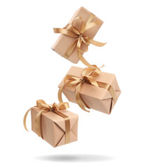 Gift boxes falling on white background. Present