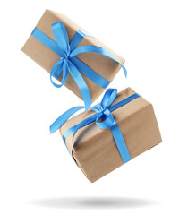 Gift boxes falling on white background. Present