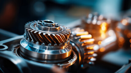 Engine gears closeup, component detail visible, modern technology showcase, automotive precision, mechanical assembly texture, intricate part arrangement, metallic surface finish, 