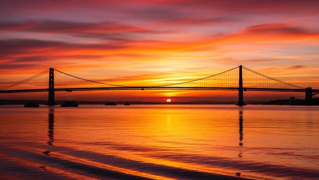 Dramatic Sunset Over a Suspension Bridge Reflected on Calm Water