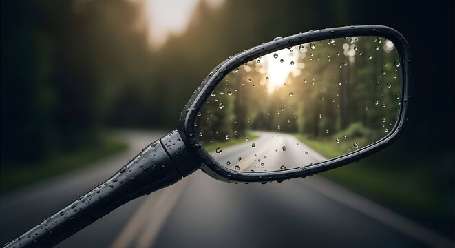 Kaca spion motor,  di jalan raya, dengan matahari dan pohon pohon, rain drops on the window
