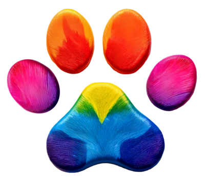 Rainbow fur paw print features an array of colors, including blue, pink, and orange on a transparent png background. The combination highlights the cheerful and playful nature of the design.
