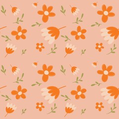 Obraz premium Seamless Floral Pattern with Cute Hand-Drawn Orange Flowers on Pastel Peach Background