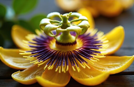 Vibrant passion flower, a botanical marvel with yellow petals and intricate purple filaments. Its exotic bloom offers a glimpse into nature artistry, suggesting tropical origins and natural beauty.