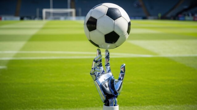 Futuristic bionic hand balancing soccer ball upright on metallic fingertips in bright football stadium, symbolizing adaptive sports technology, precision control, and inclusive athletic performance

