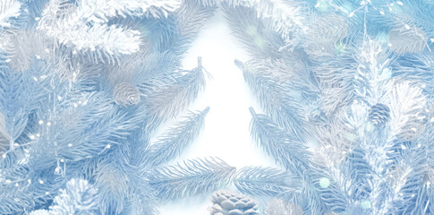 Christmas greeting card with fir tree branches and bokeh lights. Banner design