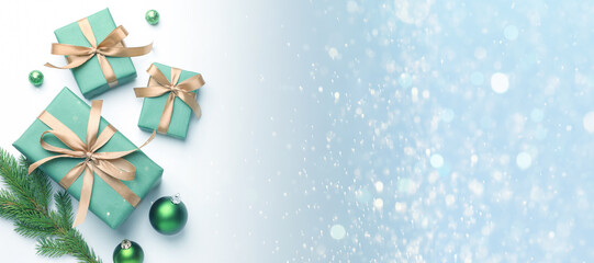 Merry Christmas and Happy Holidays card design with gift boxes and festive ornaments. Banner design