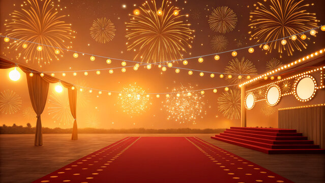 Golden Party Scene With Red Carpet, Stage And Fireworks At Night. Concept For New Year, Award Events, Luxury Celebration, Festival Promotion, Marketing Design And Commercial Use With Bright Lights