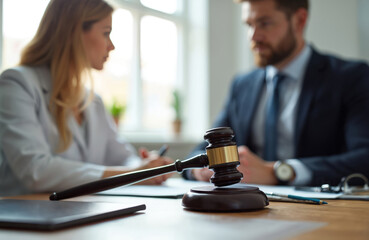 Lawyer consults client in office. Gavel on desk signifies legal proceedings. Woman reviews documents with advisor discussing case strategy for future plans.