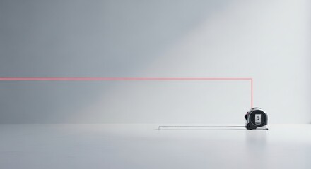Laser measuring tool projecting a red laser beam across a clean minimalist room for construction accuracy concept and new project planning
