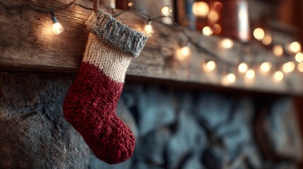 A red and white knitted Christmas stocking hangs on a rustic wooden mantel adorned with warm glowing lights, creating a cozy festive atmosphere.
