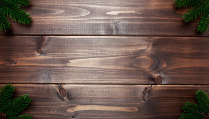 Rustic dark wooden background with green pine branches in the corners, perfect for holiday greetings and festive designs