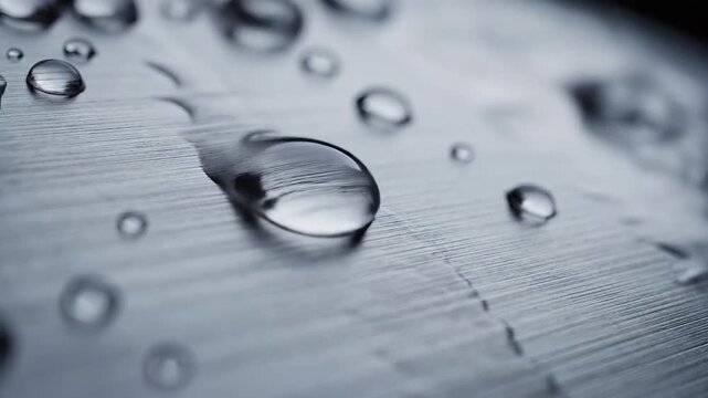 Macro view of clear water droplets on a textured metallic surface.