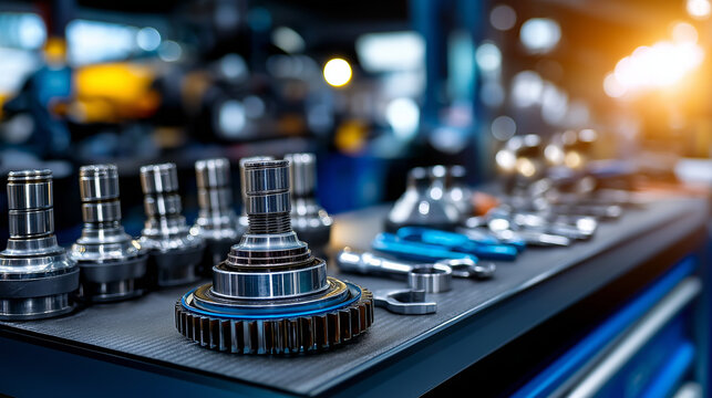 Automotive parts arrangement, workbench display, repair shop environment, component organization, mechanical service setting, professional workspace, defocused tool background , wi