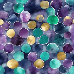 Abstract watercolor pattern with gold, teal, purple, and navy blue circles