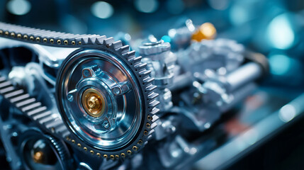 Fototapeta premium Timing belt mechanism, gear synchronization visible, precision power display, metal component wear, maintenance overhaul suggestion, internal combustion part, crucial engine elemen