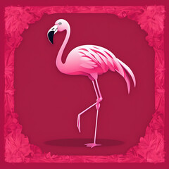 Elegant pink flamingo illustration with decorative floral frame on a red background