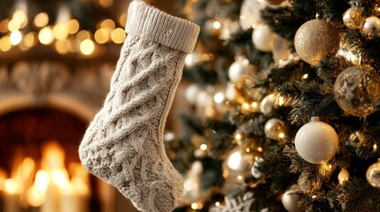 A cozy Christmas stocking hangs beside a decorated tree with glowing lights and a warm fireplace in the background.