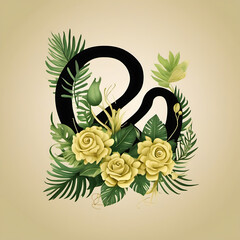 Elegant floral letter Q design with roses and tropical leaves on a beige background