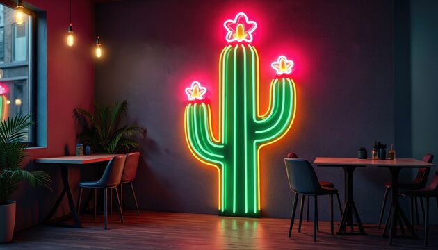 Glowing neon cactus decorates interior space. Night club interior with tables chairs and wall. Vivid pink florescent cactus adorns establishment. Modern design features creative plant art for bar.