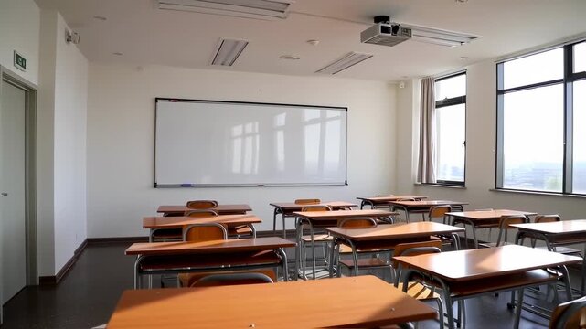 A well-lit classroom with rows of desks, a whiteboard, and a projector. Light streams in